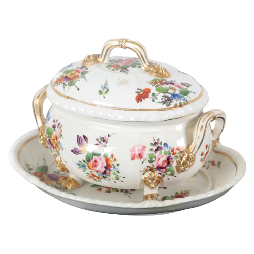 75 - A CROWN DERBY PORCELAIN TUREEN AND STAND 18Tth century, decorated with floral sprays and highlighted... 