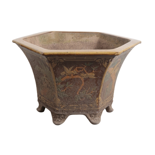 8 - A GROUP OF THREE CERAMIC PLANTERS including a brown glazed example of hexagonal section, decorated w... 