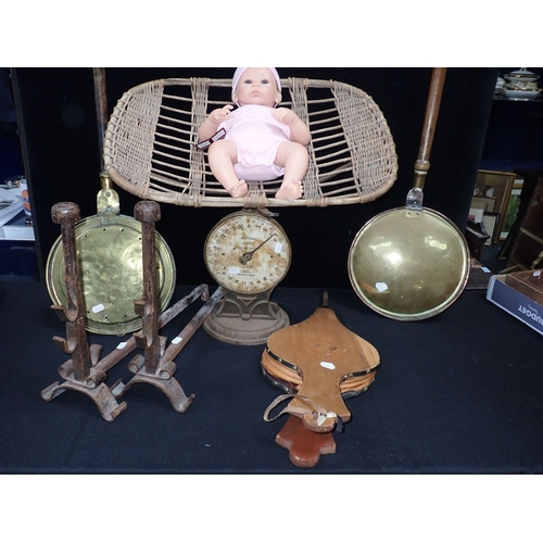 29 - A PAIR OF BABY WEIGHING SCALES, WITH WICKER BASKET 'PAN' with a baby doll together with a copper bed... 