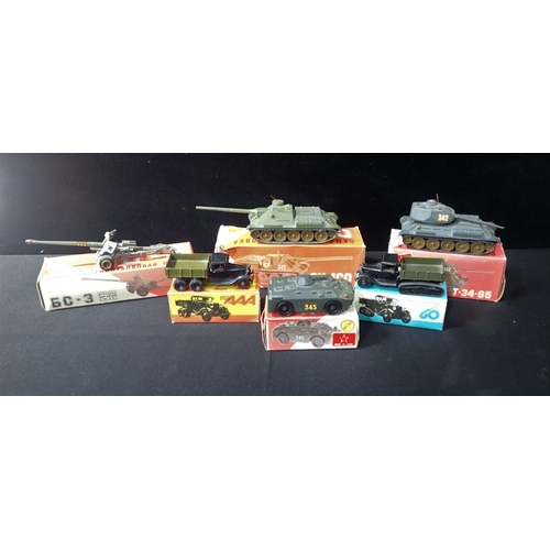 190 - SIX RUSSIAN DIECAST MILITARY VEHICLES mint and boxed, and with Made in USSR marks, thus probably 197... 