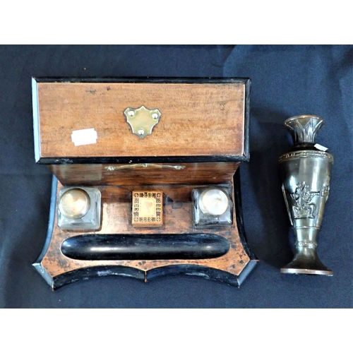 262 - A VICTORIAN STATIONERY BOX WITH ADDED TUNBRIDGEWARE STAMP BOX with a bronzed metal vase