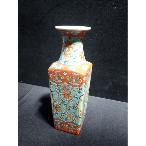 365 - AN ASIAN SQUARE FORM VASE with colourful enamel decoration, 37 cms high