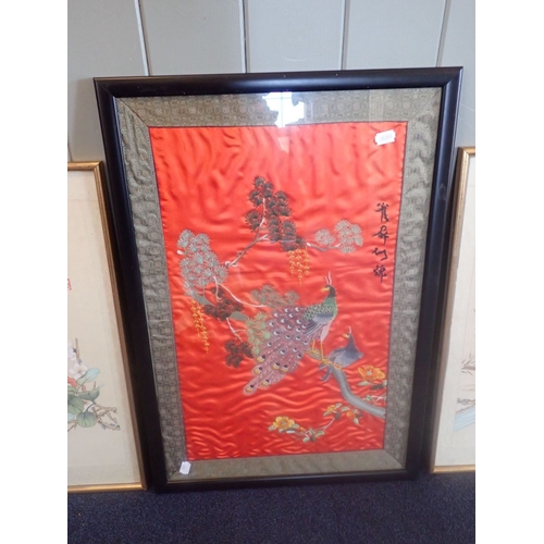 380 - A CHINESE EMBROIDERY PICTURE ON SILK with Chinese watercolours and prints