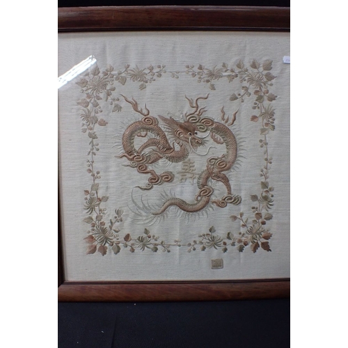 386 - TWO CHINESE EMBROIDERED CREAM SILK PANELS both signed, 55 x 62cm and 64 x 64cm (2)