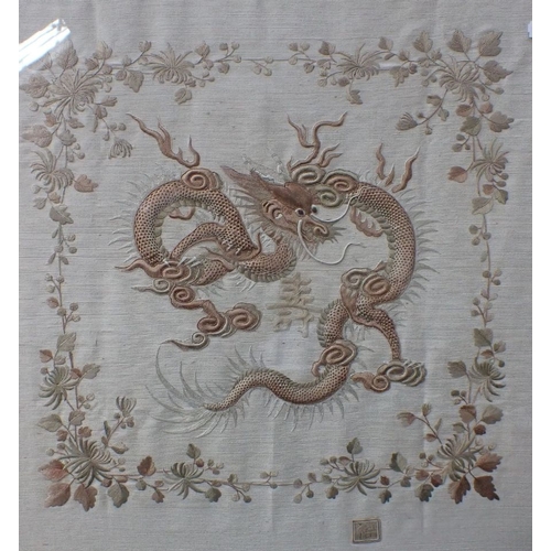 386 - TWO CHINESE EMBROIDERED CREAM SILK PANELS both signed, 55 x 62cm and 64 x 64cm (2)