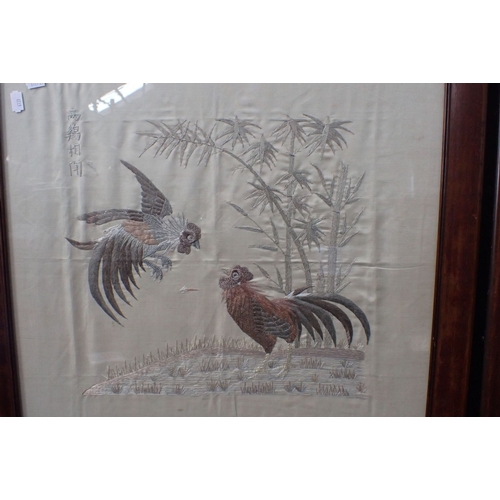 386 - TWO CHINESE EMBROIDERED CREAM SILK PANELS both signed, 55 x 62cm and 64 x 64cm (2)