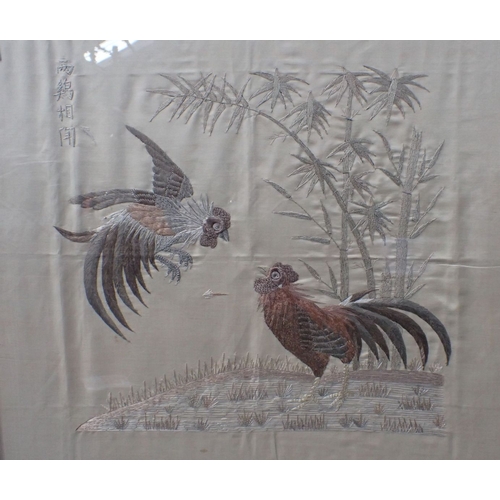 386 - TWO CHINESE EMBROIDERED CREAM SILK PANELS both signed, 55 x 62cm and 64 x 64cm (2)