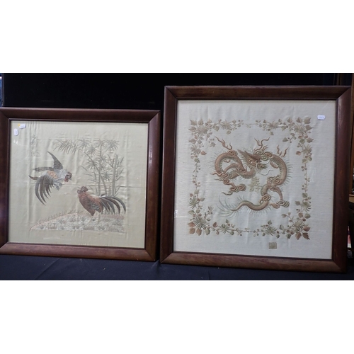 386 - TWO CHINESE EMBROIDERED CREAM SILK PANELS both signed, 55 x 62cm and 64 x 64cm (2)