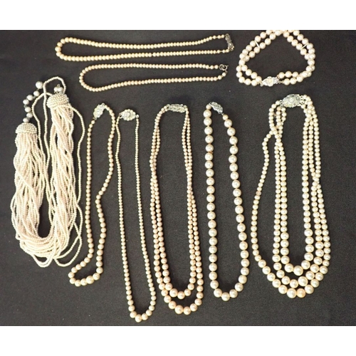 420 - A THREE-ROW GRADUATED PEARL NECKLACE (a/f) and another smaller, and a collection of faux pearls