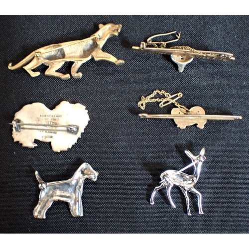 434 - A 9CT GOLD PEKINESE DOG BAR BROOCH and other animal and dog brooches