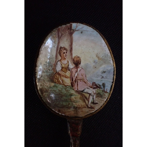 498 - A PAINTED ENAMEL SPOON probably Austro-Hungarian, in 18th century and Baroque styles