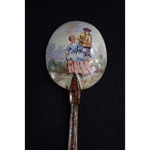 498 - A PAINTED ENAMEL SPOON probably Austro-Hungarian, in 18th century and Baroque styles