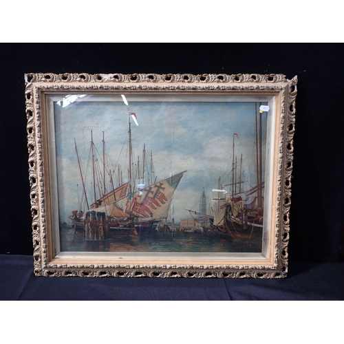 653 - VENICE, SCENE WITH SHIPS, OIL ON CANVAS possibly the feast of The Ascention, late 19th century 42 x ... 