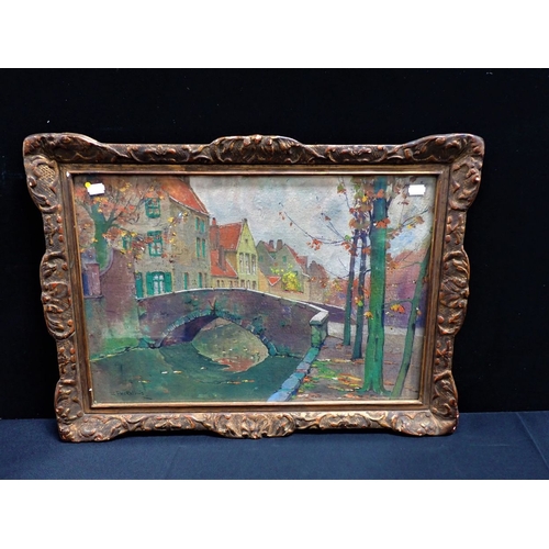 705 - LOUIS RECKELBUS (BELGIAN, EARLY 20TH CENTURY): 'QUAI VERT, BRUGES' (Groenerei, by bridge at Meestraa... 