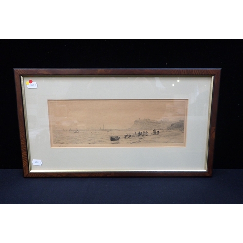 709 - W.L. WYLLIE 1851-1931: HAULING IN THE NETS ON UPGANG BEACH, WHITBY etching, signed, modern frame (pa... 