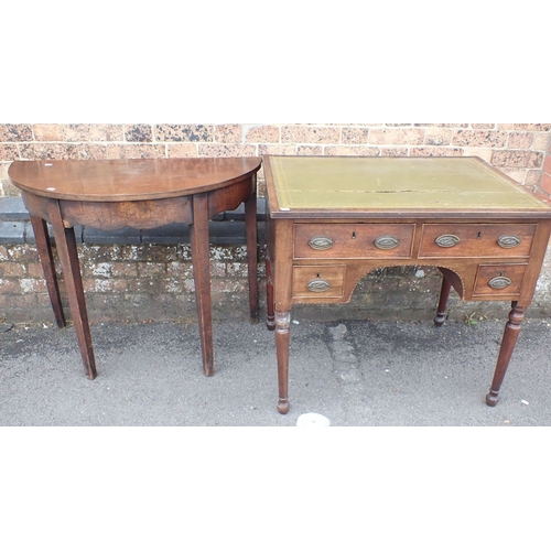 750 - A GEORGE III MAHOGANY DESK, ON TURNED LEGS 84cm wide (a/f), and a George III mahogany demi-lune tabl... 