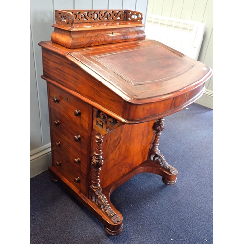 758 - A VICTORIAN MAHOGANY DAVENPORT and an inlaid octagonal Victorian work table (both with poor restorat... 