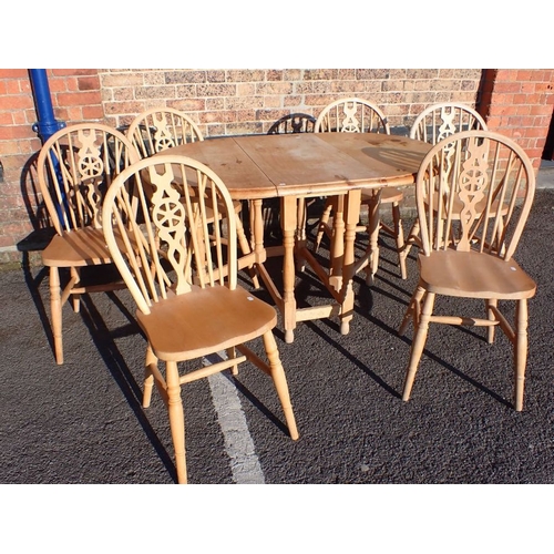 809 - A SET OF SIX BEECHWOOD WINDSOR WHEELBACK CHAIRS (modern), and a similar gate-leg table with pine top... 