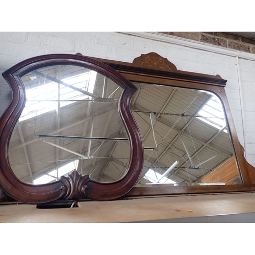 818 - A VICTORIAN MAHOGANY FRAMED MIRROR with shield-shaped frame (formerly a dressing mirror, and an Edwa... 