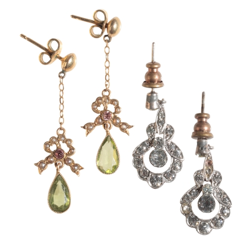 13 - A PAIR OF PERIDOT AND SEED PEARL EARRINGS together with a pair of clear paste earrings (2)