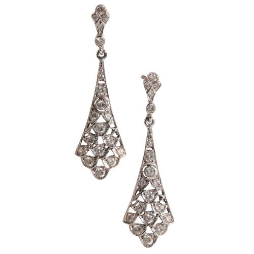 14 - A PAIR OF GOLD AND DIAMOND DROP EARRINGS estimated total diamond weight c.0.20ct, hallmarked 750, le... 