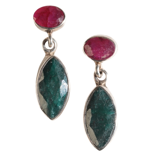 16 - A PAIR OF INDIAN SILVER, EMERALD AND RUBY PENDANT EARRINGS the oval emeralds each approx. 2ct, suspe... 