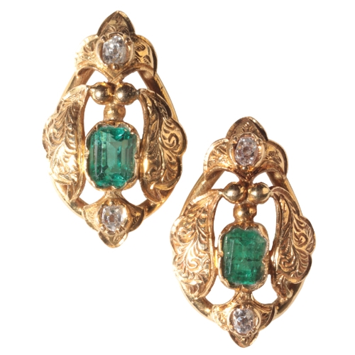 20 - A PAIR OF 18CT GOLD, EMERALD AND DIAMOND EARRINGS of 18th Century Spanish style, each set with a sin... 