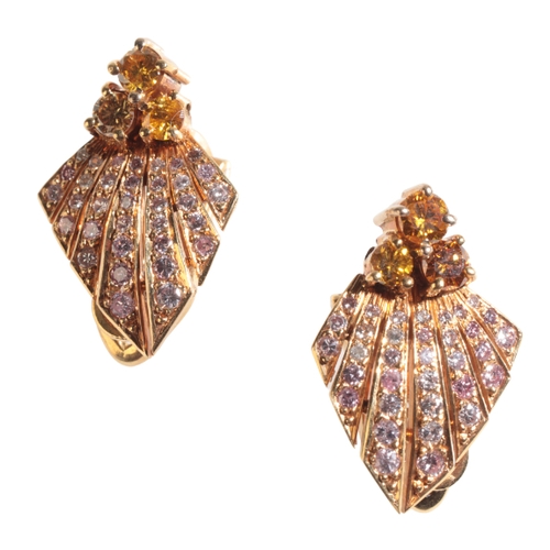 21 - A PAIR OF 18K GOLD YELLOW AND WHITE DIAMOND EARRINGS of Art Deco fan design, each set with three yel... 