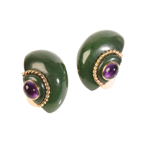 27 - A PAIR OF VERDURA 18K GOLD, JADE, AMETHYST AND RUBY EARRINGS modelled as shells, with rope twist mou... 