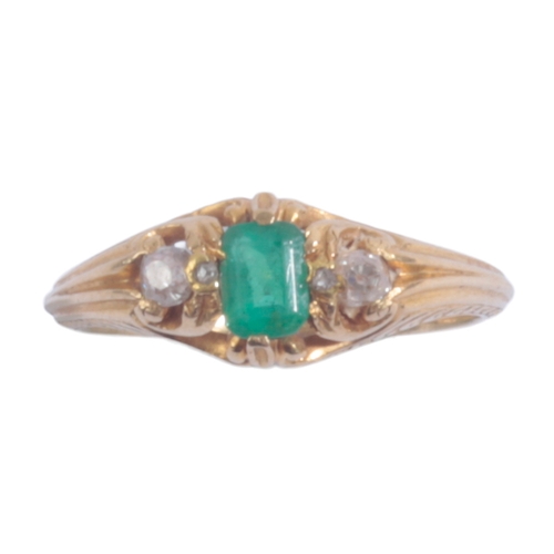 52 - AN EMERALD AND DIAMOND RING the central emerald set with a c. 5pt mine cut diamond either side separ... 