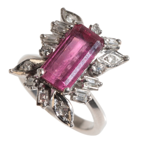53 - A WHITE METAL, PINK TOURMALINE AND DIAMOND RING the baguette cut tourmaline approx 2ct, surrounded b... 
