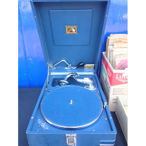 133 - AN HMV BLUE-CASED MODEL 102 PORTABLE GRAMOPHONE with No. 5B soundbox (generally good condition, but ... 