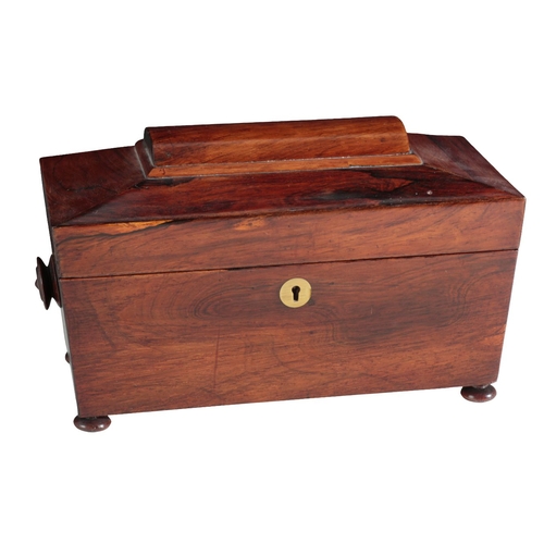 154 - A REGENCY ROSEWOOD TEA CADDY of sarcophagus shape with domed top, fitted two canisters, on bun feet,... 