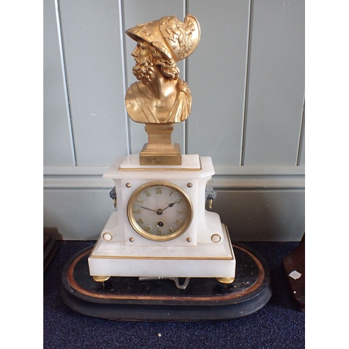 203 - A 19TH CENTURY ALABASTER TIMEPIECE WITH GILT BUST SURMOUNT and lion mask handles, French movement (r... 