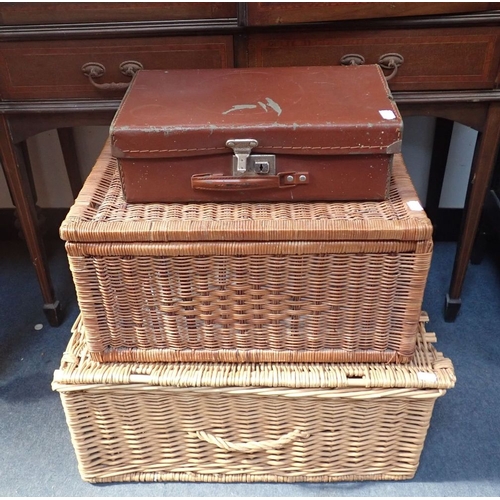 22 - TWO WICKER HAMPER BASKETS AND A SMALL CASE (3)