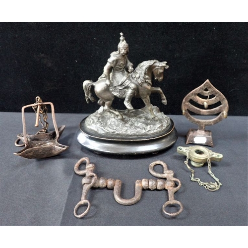 27 - A SPELTER MODEL OF WARRIOR ON HORSEBACK a 'Crusie' type lamp and other metal items