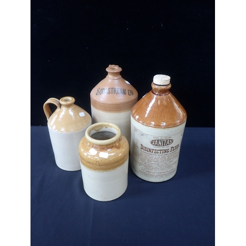 36 - THREE STONEWARE BOTTLES: 'SODASTREAM Ltd', 'SANITAS DISINFECTING FLUID' each 34cm high, another smal... 