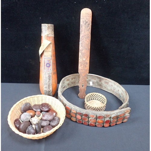 360 - A 19th CENTURY STONE ENCRUSTED LEATHER BELT with a carved and beaded gourd water bottle, a carved pa... 