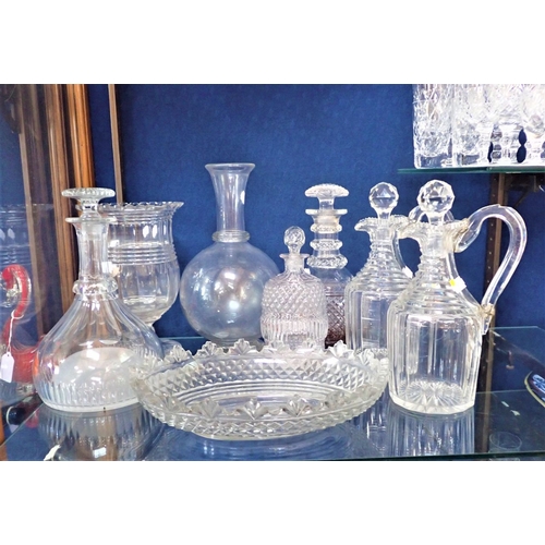 52 - A PAIR OF GEORGIAN CUT-GLASS CLARET JUGS (historically repaired handles), and other similar glass wa... 