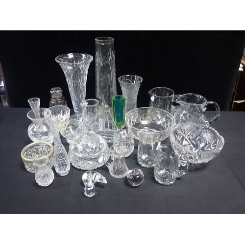 58 - A COLLECTION OF CUT GLASS JUGS, A SILVER-COLLARED JAR vases, bowls and other glassware