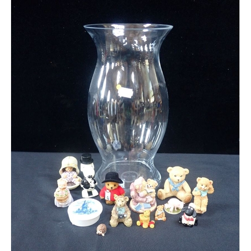 59 - A CLEAR GLASS VASE, OF CANDLE SHADE FORM (by Marks and Spencer) 31cm high , a wind-up Snoopy toy, an... 