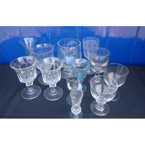 64 - A REPRODUCTION AIR TWIST WINE GLASS two Victorian clear glass rummers and a quantity of 19th Century... 