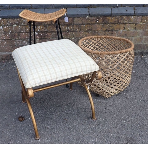 681 - A MODERN METAL X-FRAME STOOL, A SPLIT-CANE BASKET and a mid-century metal bar stool (a/f) (3)