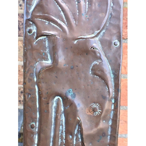 7 - A NEWLYN STYLE ARTS AND CRAFTS COPPER FENDER worked with mythical beasts 124cm wide