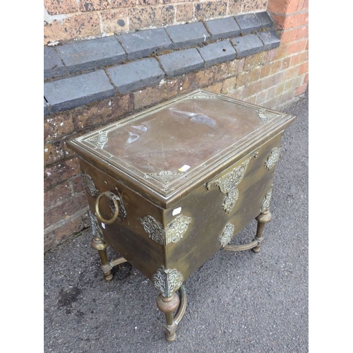 148 - A BRASS COAL BOX ON STAND in French Renaissance style, with shaped stretcher ring handles and cast f... 