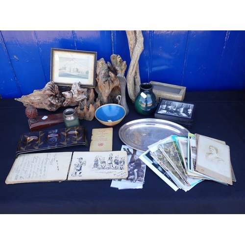 19 - A SILVER NAPKIN RING, A 1920s AUTOGRAPH ALBUM driftwood pieces, cabinet photos, ephemera and sundrie... 