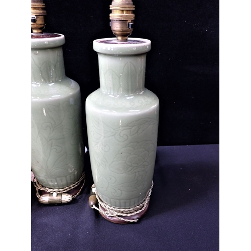 199 - A PAIR OF CELADON CHINESE TABLE LAMPS on wooden bases 30cm high plus fitting