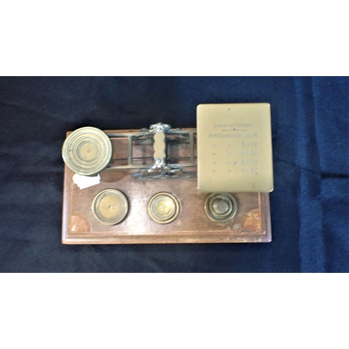 216 - A SET OF LETTER SCALES WITH MARQUETRY BASE a hand bell, Victorian walnut box, binoculars, Haig Dimpl... 