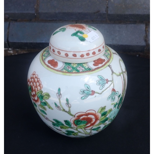 281 - A CHINESE GINGER JAR AND COVER painted in enamels 19cm high, printed four-character mark