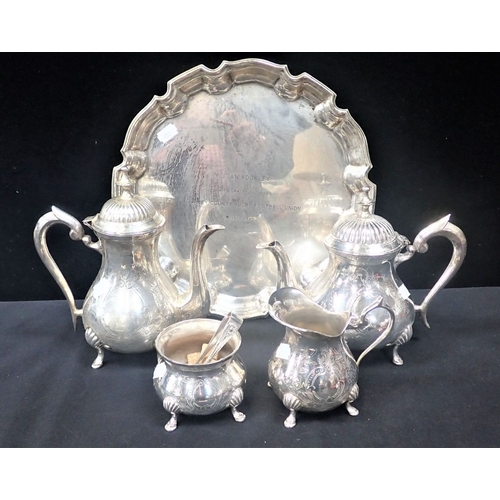 302 - SILVER PLATED FOUR PIECE COFFEE SERVICE AND A SALVER with a silver plated tray, not matching